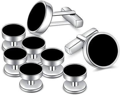 Mens Onyx Cufflinks and Studs Set Silver Black Cufflinks for Men Tuxedo Shirts Business Wedding Gift - WORLD TIME VISITS