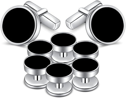 Mens Onyx Cufflinks and Studs Set Silver Black Cufflinks for Men Tuxedo Shirts Business Wedding Gift