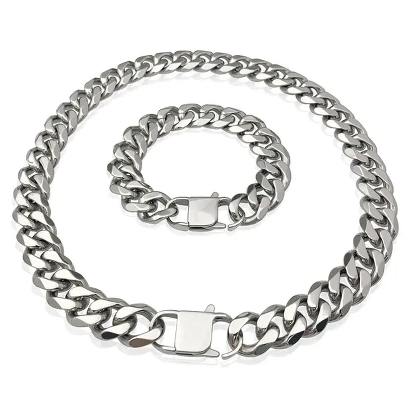 Men's or Women's Jewelry 15mm/19mm Stainless Steel Silver/Gold Curb Cuban Chain Necklace/Bracelet - WORLD TIME VISITS