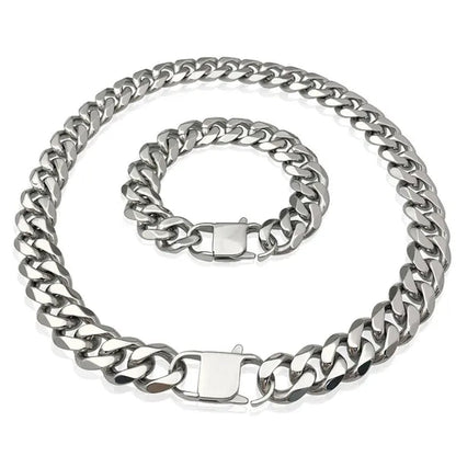 Men's or Women's Jewelry 15mm/19mm Stainless Steel Silver/Gold Curb Cuban Chain Necklace/Bracelet - WORLD TIME VISITS