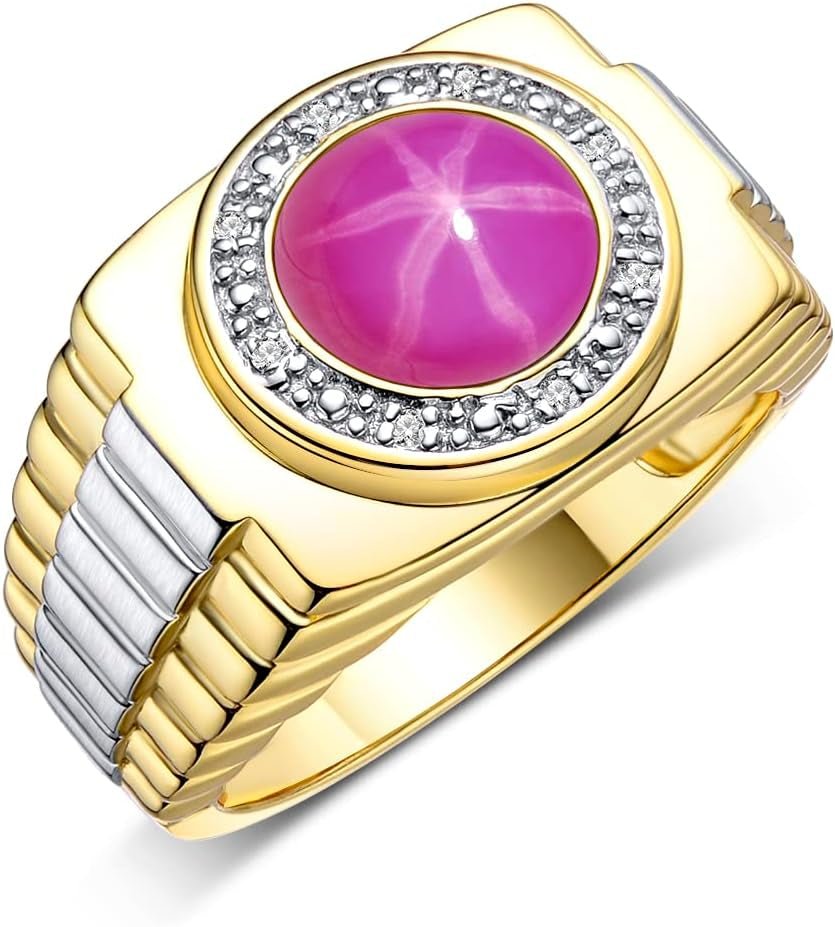Men'S Rings 14K Yellow Gold Ring: round Shape Cabochon Gemstone & Diamonds - Designer Style Rings for Men, Sizes 8-13. Exquisite Men'S Jewelry!