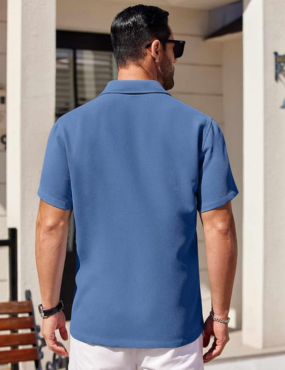 Mens Short Sleeve Button down Shirts Waffle Shirt Casual Beach Summer Shirts Wrinkle Free Vacation Shirts
