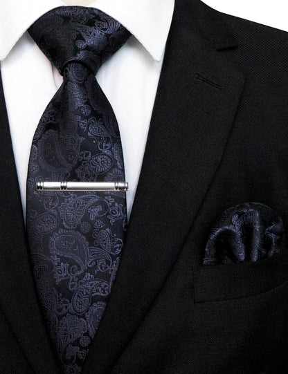Mens Solid Color Paisley Necktie and Pocket Square with Tie Clip Sets