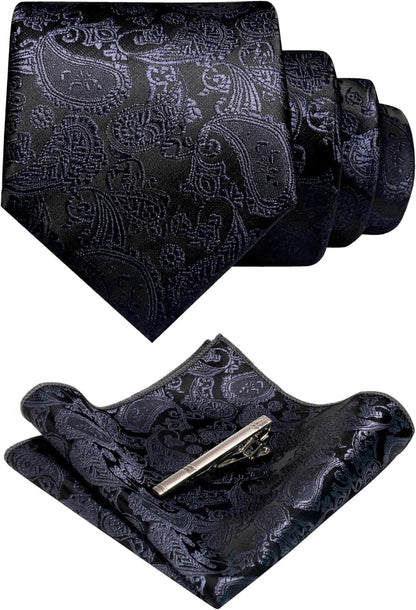 Mens Solid Color Paisley Necktie and Pocket Square with Tie Clip Sets - WORLD TIME VISITS