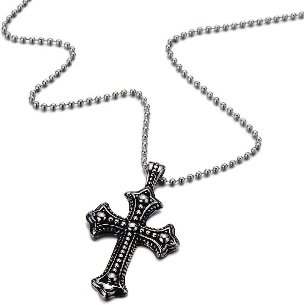 Men'S Stainless Steel Gothic Cross Necklace, Distressed Silver Tone Religious Pendant with Ball Chain, Vintage Biker Jewelry Gift - WORLD TIME VISITS
