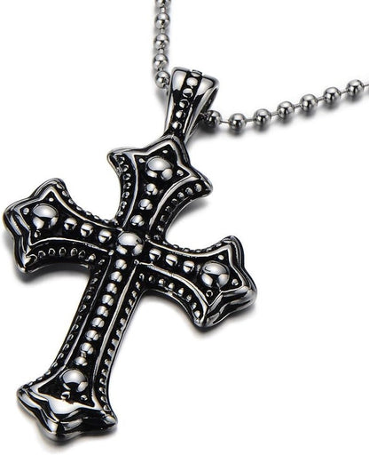 Men'S Stainless Steel Gothic Cross Necklace, Distressed Silver Tone Religious Pendant with Ball Chain, Vintage Biker Jewelry Gift - WORLD TIME VISITS