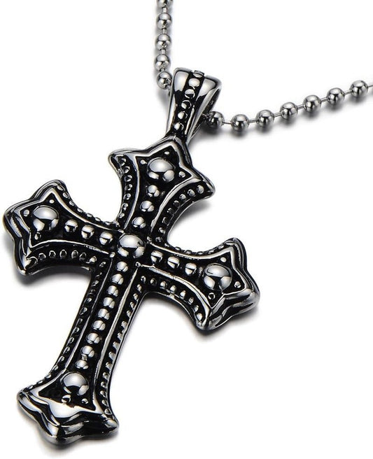 Men'S Stainless Steel Gothic Cross Necklace, Distressed Silver Tone Religious Pendant with Ball Chain, Vintage Biker Jewelry Gift - WORLD TIME VISITS