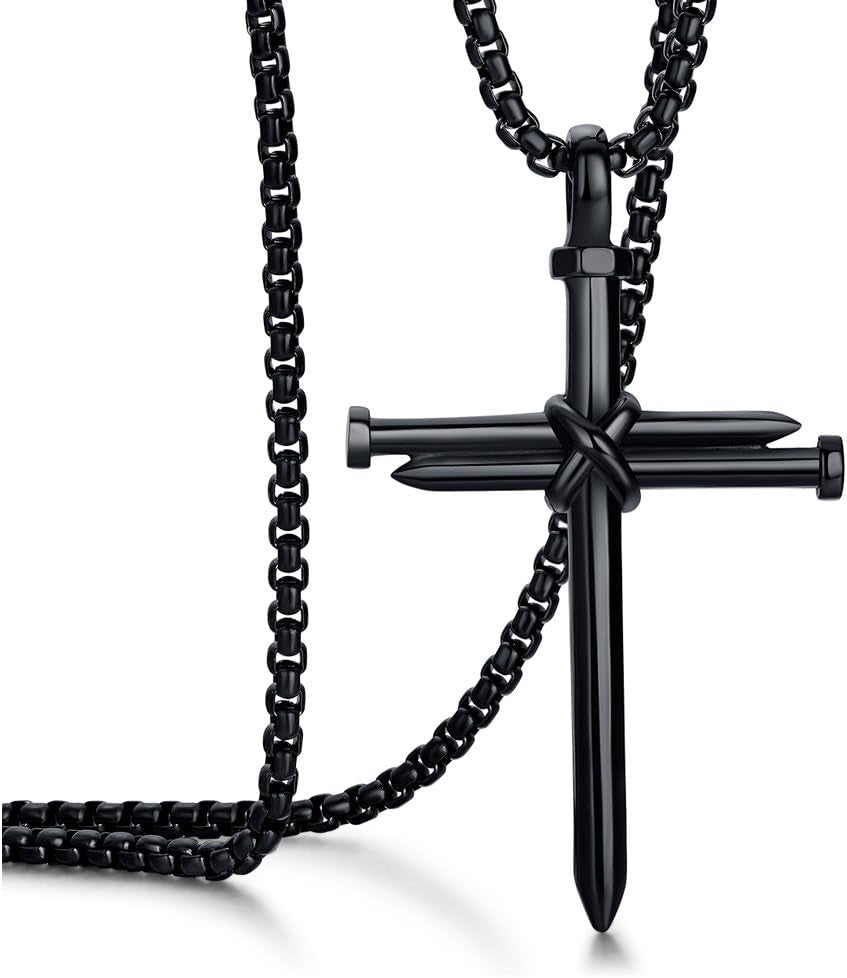 Men'S Stainless Steel Nail Cross Pendant Necklace with 24 Inch Chain Polished Black Gold Silver - WORLD TIME VISITS