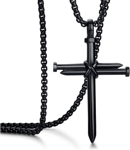 Men'S Stainless Steel Nail Cross Pendant Necklace with 24 Inch Chain Polished Black Gold Silver - WORLD TIME VISITS