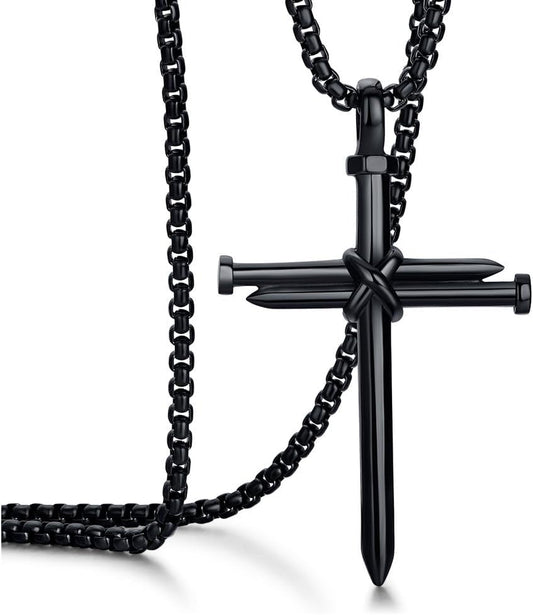 Men'S Stainless Steel Nail Cross Pendant Necklace with 24 Inch Chain Polished Black Gold Silver - WORLD TIME VISITS
