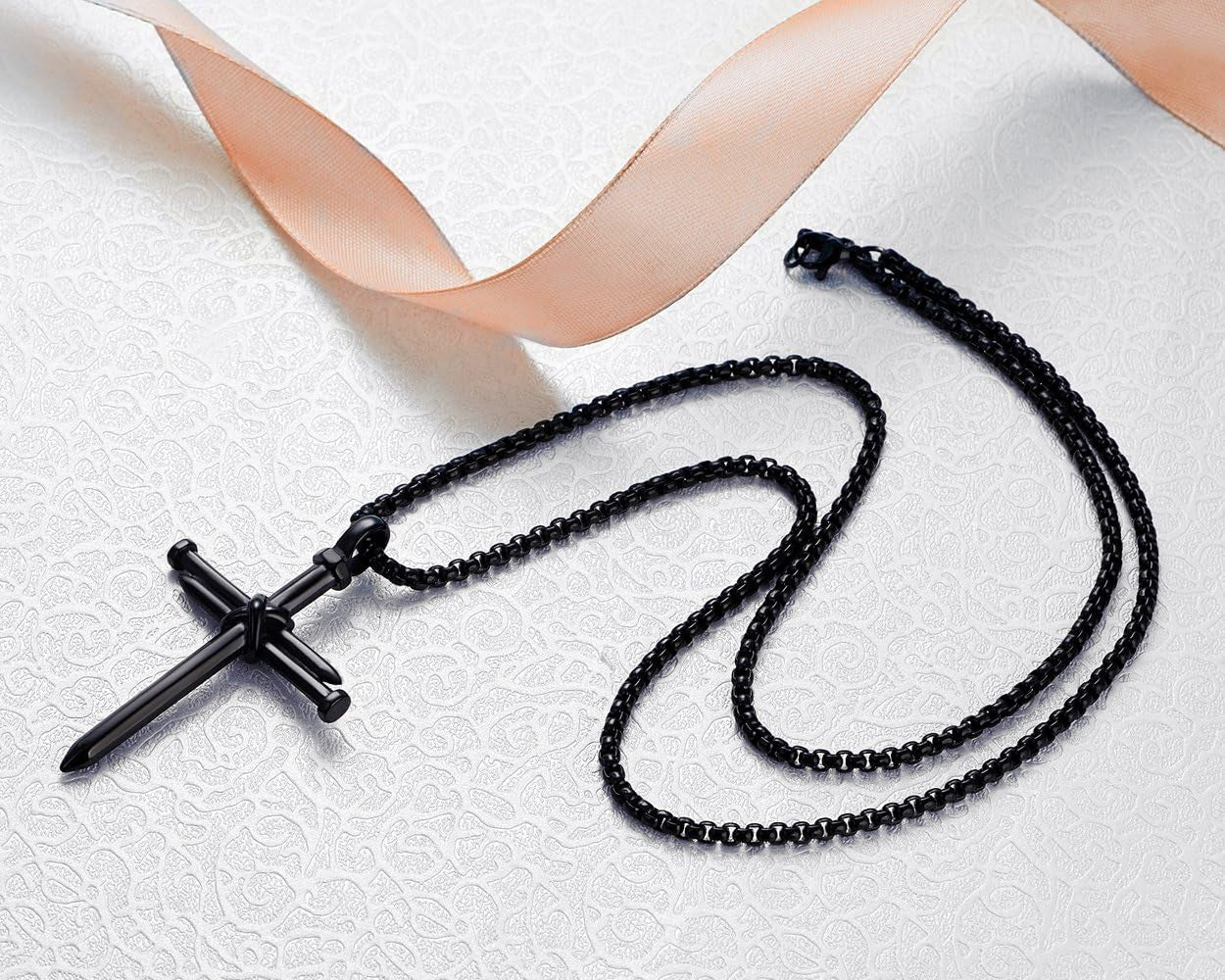 Men'S Stainless Steel Nail Cross Pendant Necklace with 24 Inch Chain Polished Black Gold Silver