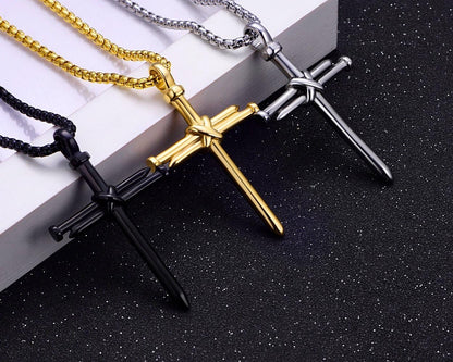 Men'S Stainless Steel Nail Cross Pendant Necklace with 24 Inch Chain Polished Black Gold Silver