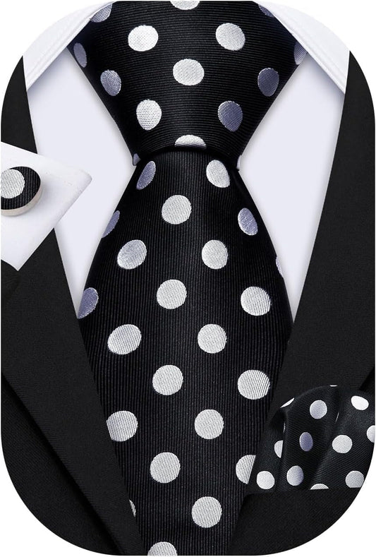 Men'S Tie Set Polka Dot Handkerchief Cufflinks Plaid Fashion Neckties Wedding Business - WORLD TIME VISITS