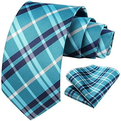 Mens Ties Plaid Tie and Pocket Square Set Classic Woven Formal Checkered Neckties & Handkerchief Wedding Party - WORLD TIME VISITS