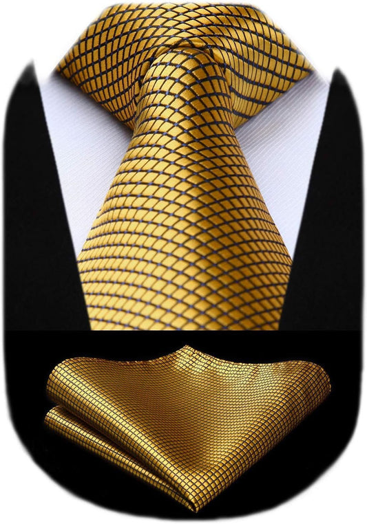 Mens Ties Plaid Tie and Pocket Square Set Classic Woven Formal Checkered Neckties & Handkerchief Wedding Party - WORLD TIME VISITS
