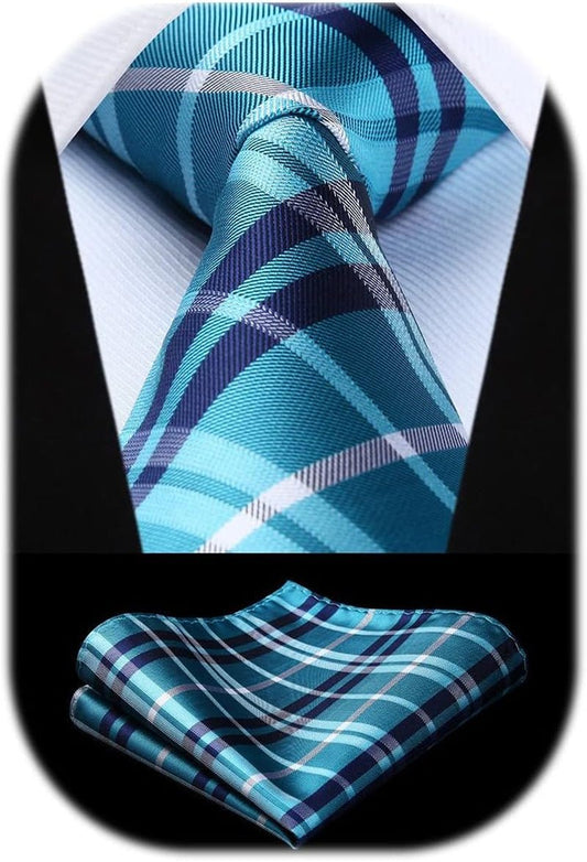 Mens Ties Plaid Tie and Pocket Square Set Classic Woven Formal Checkered Neckties & Handkerchief Wedding Party - WORLD TIME VISITS