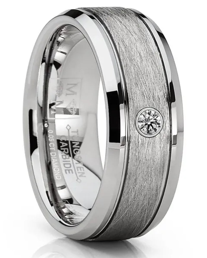 Men's Tungsten Wedding Band 0.05 Carats Diamond Texture Brush High - Polish Silver - toned 8MM - WORLD TIME VISITS