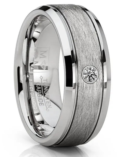 Men's Tungsten Wedding Band 0.05 Carats Diamond Texture Brush High - Polish Silver - toned 8MM - WORLD TIME VISITS