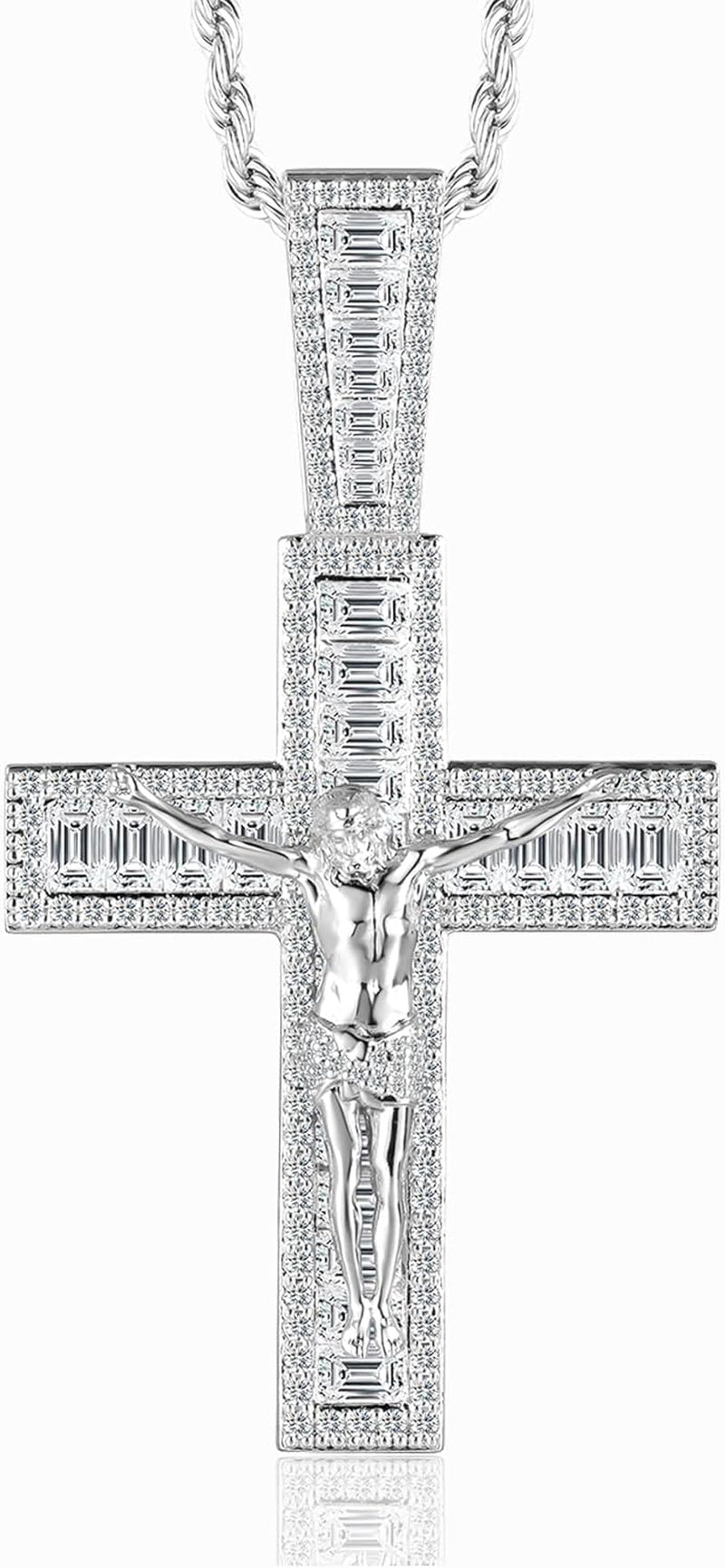 Mens Womens Crucifix Necklace Jesus Cross Chain Iced Out Baguette REAL White Gold/ 18K Gold/Rose Gold Plated Christian Pendant(Give 3Mm 24Inch Gold Plating Rope Chain) - WORLD TIME VISITS