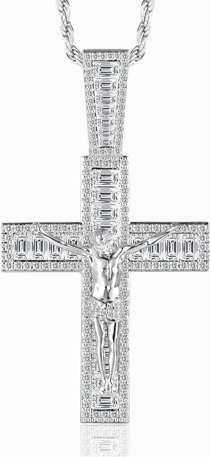 Mens Womens Crucifix Necklace Jesus Cross Chain Iced Out Baguette REAL White Gold/ 18K Gold/Rose Gold Plated Christian Pendant(Give 3Mm 24Inch Gold Plating Rope Chain) - WORLD TIME VISITS