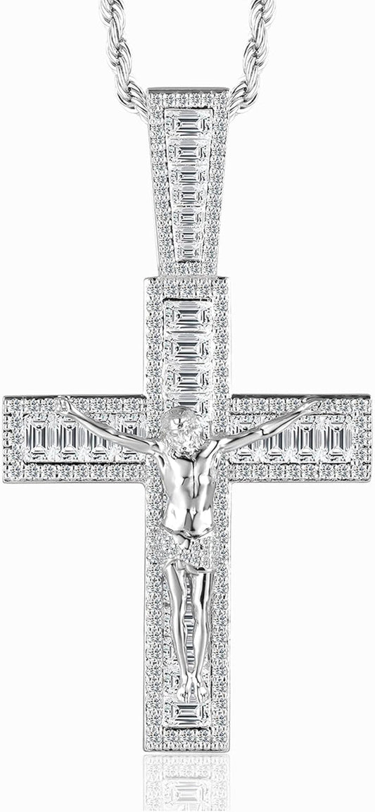 Mens Womens Crucifix Necklace Jesus Cross Chain Iced Out Baguette REAL White Gold/ 18K Gold/Rose Gold Plated Christian Pendant(Give 3Mm 24Inch Gold Plating Rope Chain) - WORLD TIME VISITS