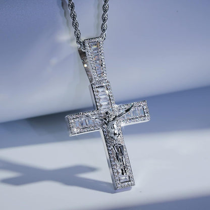Mens Womens Crucifix Necklace Jesus Cross Chain Iced Out Baguette REAL White Gold/ 18K Gold/Rose Gold Plated Christian Pendant(Give 3Mm 24Inch Gold Plating Rope Chain)