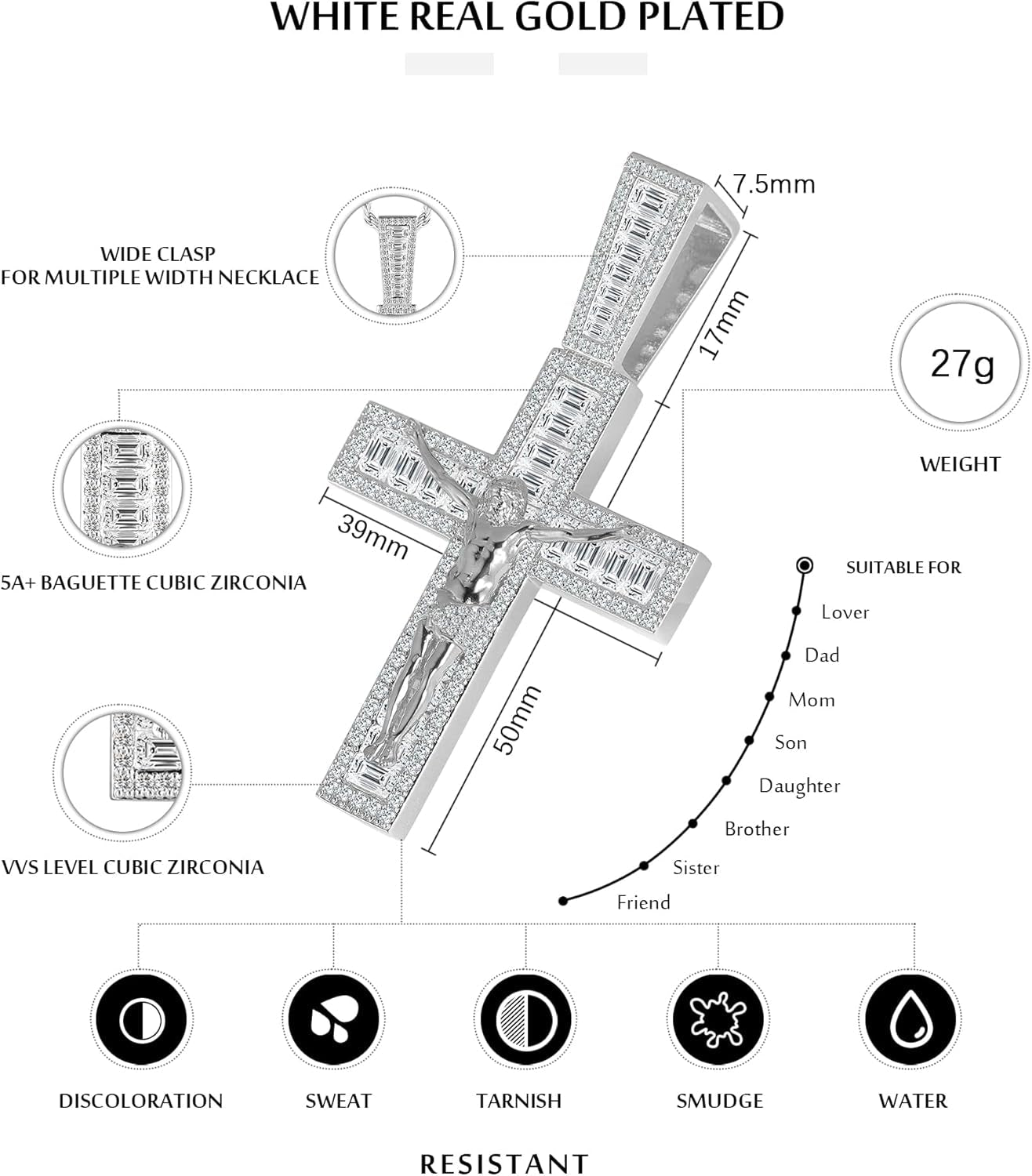 Mens Womens Crucifix Necklace Jesus Cross Chain Iced Out Baguette REAL White Gold/ 18K Gold/Rose Gold Plated Christian Pendant(Give 3Mm 24Inch Gold Plating Rope Chain) - WORLD TIME VISITS