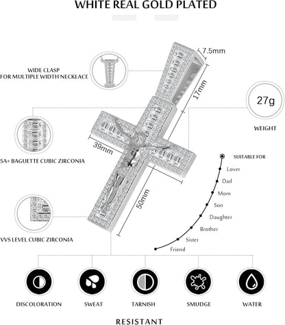 Mens Womens Crucifix Necklace Jesus Cross Chain Iced Out Baguette REAL White Gold/ 18K Gold/Rose Gold Plated Christian Pendant(Give 3Mm 24Inch Gold Plating Rope Chain) - WORLD TIME VISITS