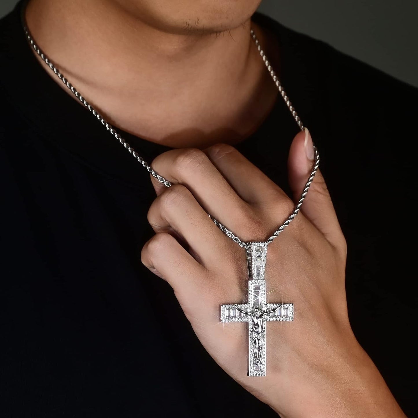 Mens Womens Crucifix Necklace Jesus Cross Chain Iced Out Baguette REAL White Gold/ 18K Gold/Rose Gold Plated Christian Pendant(Give 3Mm 24Inch Gold Plating Rope Chain)
