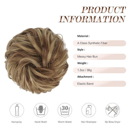 Messy Bun Hair Piece - Elastic Wavy Curly Hair Bun Scrunchies Extensions Synthetic Chignon Hairpieces for Women Girls, Brown & Blonde 1 PCS