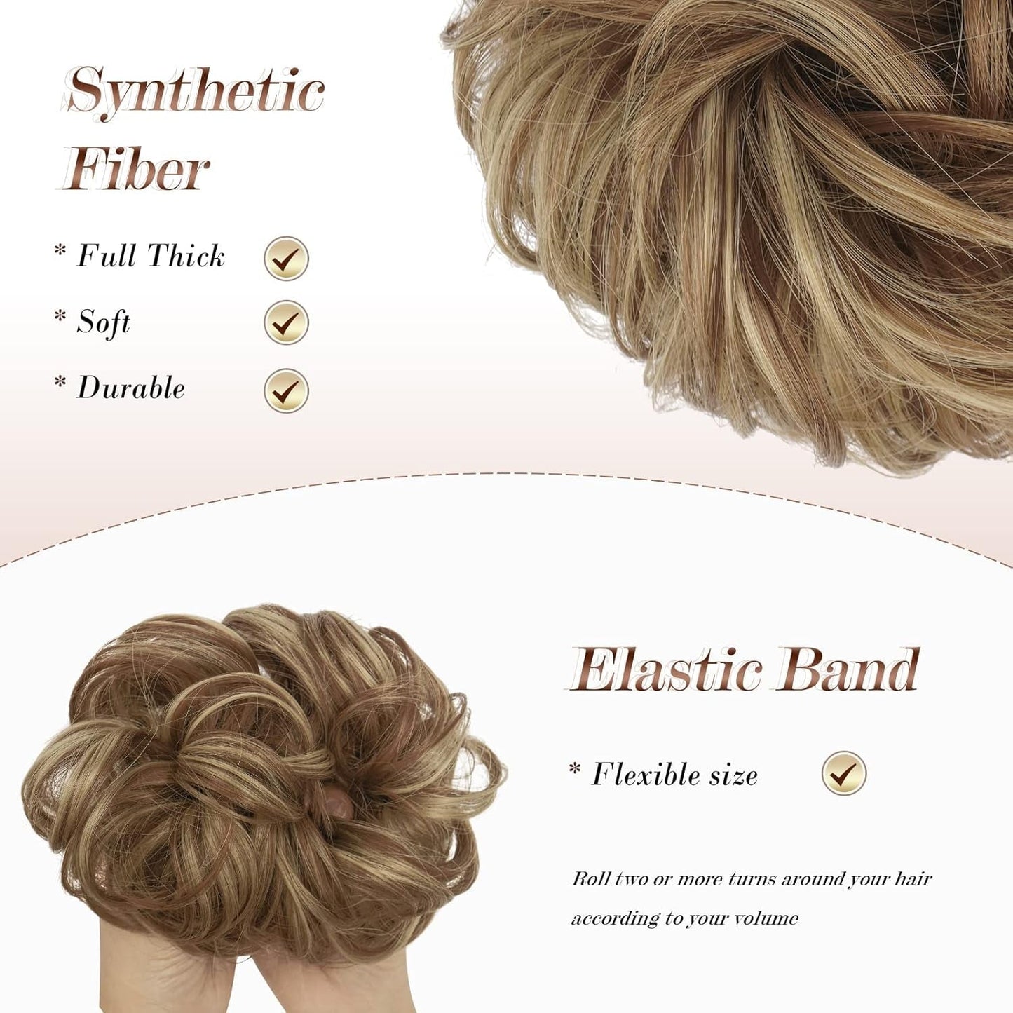 Messy Bun Hair Piece - Elastic Wavy Curly Hair Bun Scrunchies Extensions Synthetic Chignon Hairpieces for Women Girls, Brown & Blonde 1 PCS