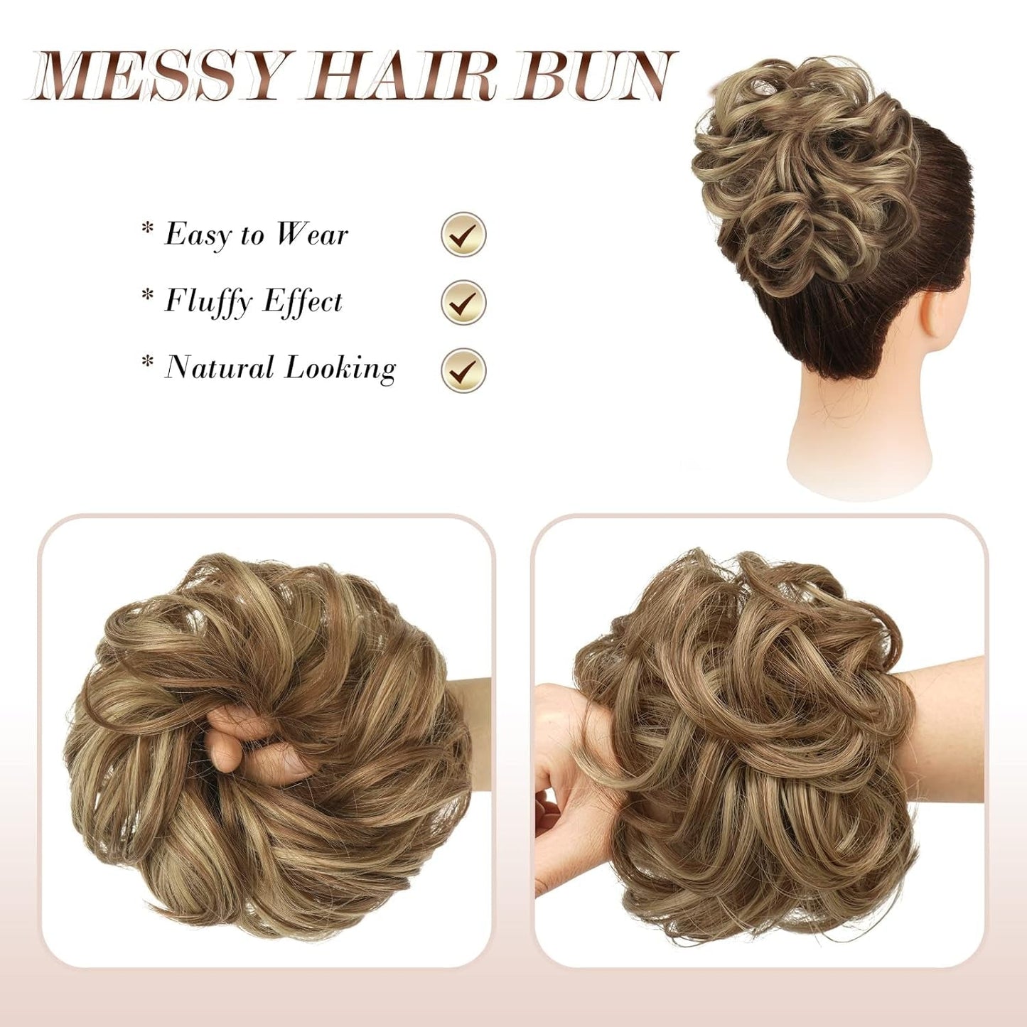 Messy Bun Hair Piece - Elastic Wavy Curly Hair Bun Scrunchies Extensions Synthetic Chignon Hairpieces for Women Girls, Brown & Blonde 1 PCS