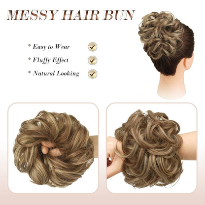 Messy Bun Hair Piece - Elastic Wavy Curly Hair Bun Scrunchies Extensions Synthetic Chignon Hairpieces for Women Girls, Brown & Blonde 1 PCS