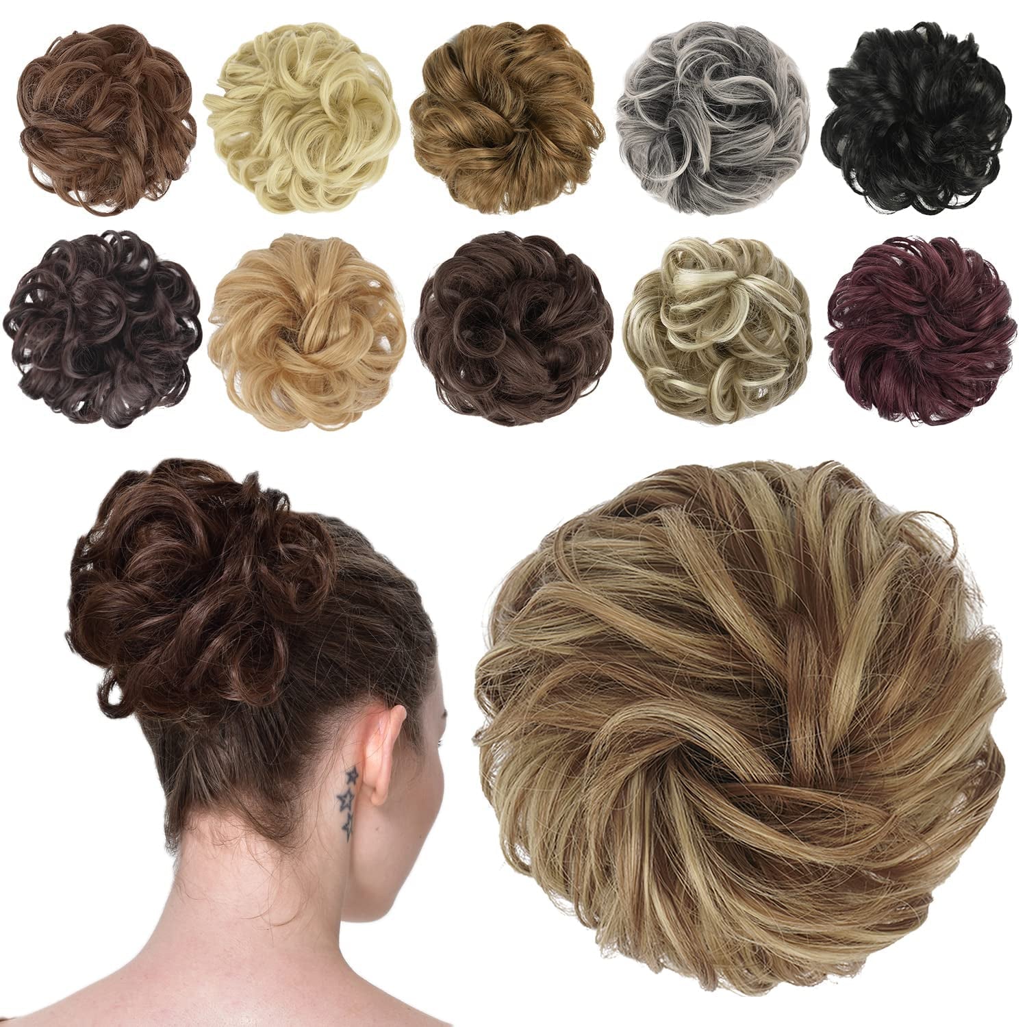 Messy Bun Hair Piece - Elastic Wavy Curly Hair Bun Scrunchies Extensions Synthetic Chignon Hairpieces for Women Girls, Brown & Blonde 1 PCS - WORLD TIME VISITS