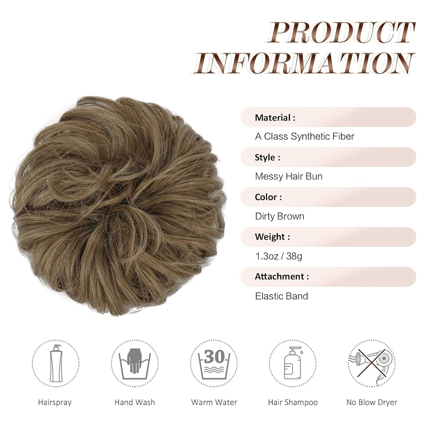 Messy Bun Hair Piece - Elastic Wavy Curly Hair Bun Scrunchies Extensions Synthetic Chignon Hairpieces for Women Girls, Dirty Brown 1 PCS