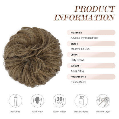 Messy Bun Hair Piece - Elastic Wavy Curly Hair Bun Scrunchies Extensions Synthetic Chignon Hairpieces for Women Girls, Dirty Brown 1 PCS