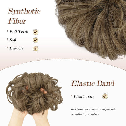 Messy Bun Hair Piece - Elastic Wavy Curly Hair Bun Scrunchies Extensions Synthetic Chignon Hairpieces for Women Girls, Dirty Brown 1 PCS