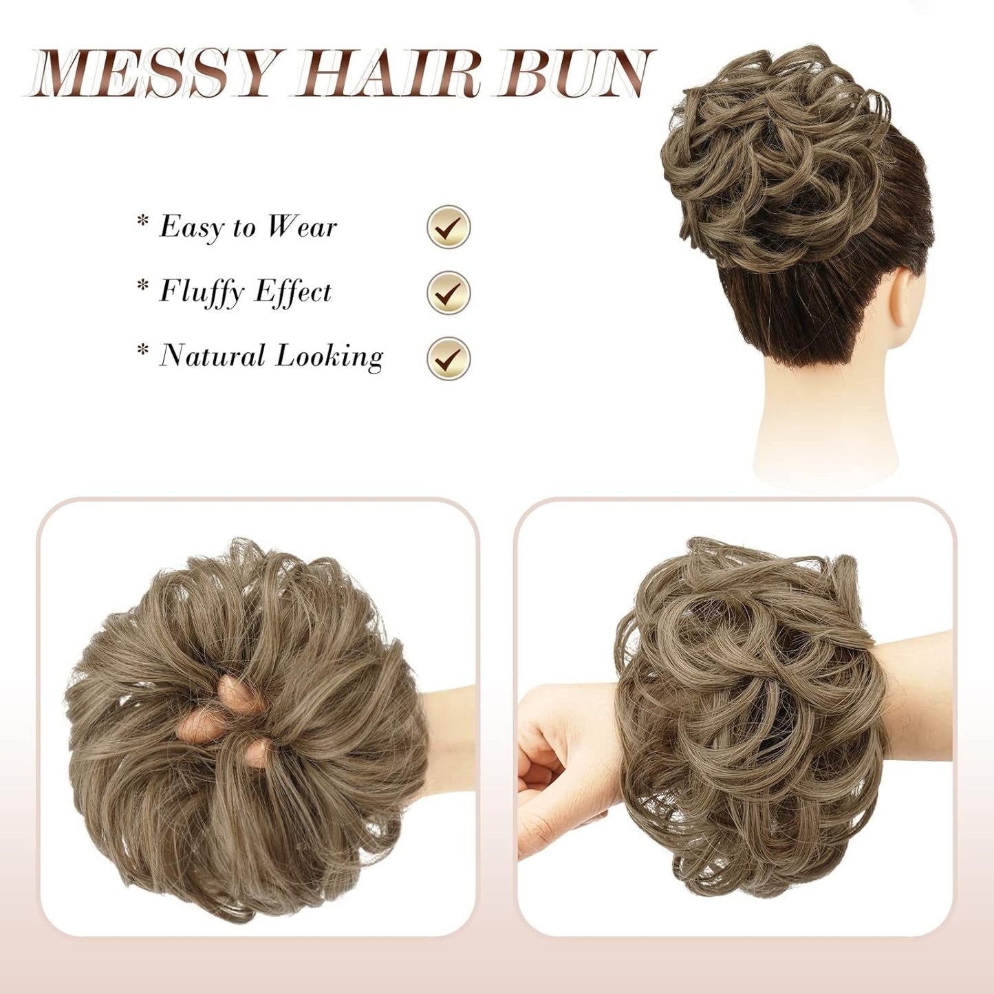 Messy Bun Hair Piece - Elastic Wavy Curly Hair Bun Scrunchies Extensions Synthetic Chignon Hairpieces for Women Girls, Dirty Brown 1 PCS