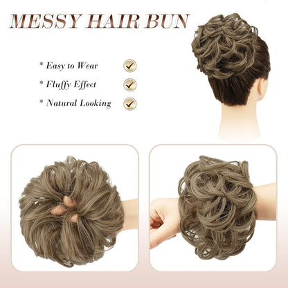 Messy Bun Hair Piece - Elastic Wavy Curly Hair Bun Scrunchies Extensions Synthetic Chignon Hairpieces for Women Girls, Dirty Brown 1 PCS