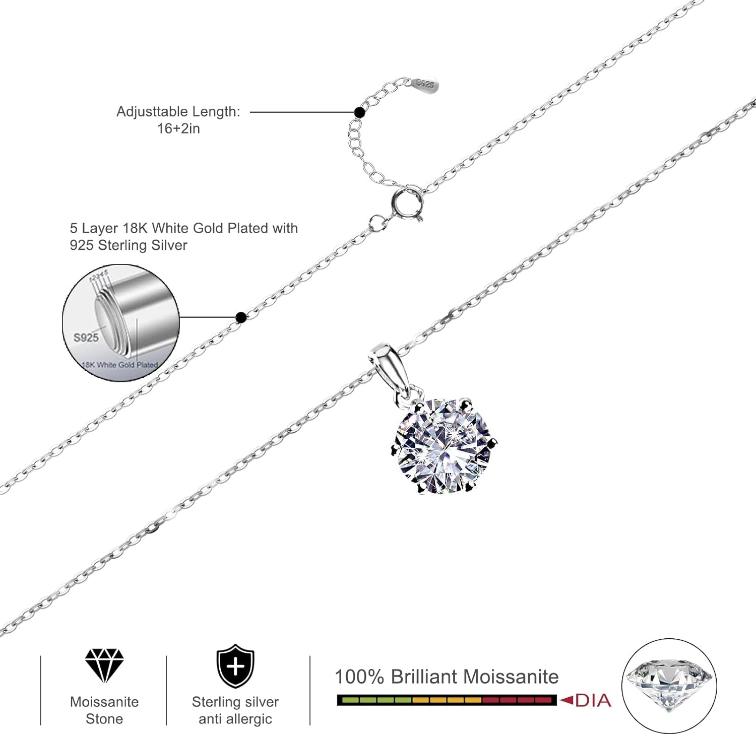 Moissanite Pendant Necklace 1 - 5CT 18K White Gold Plated Silver D Color Ideal Cut Diamond Necklace for Women with Certificate of Authenticity - WORLD TIME VISITS