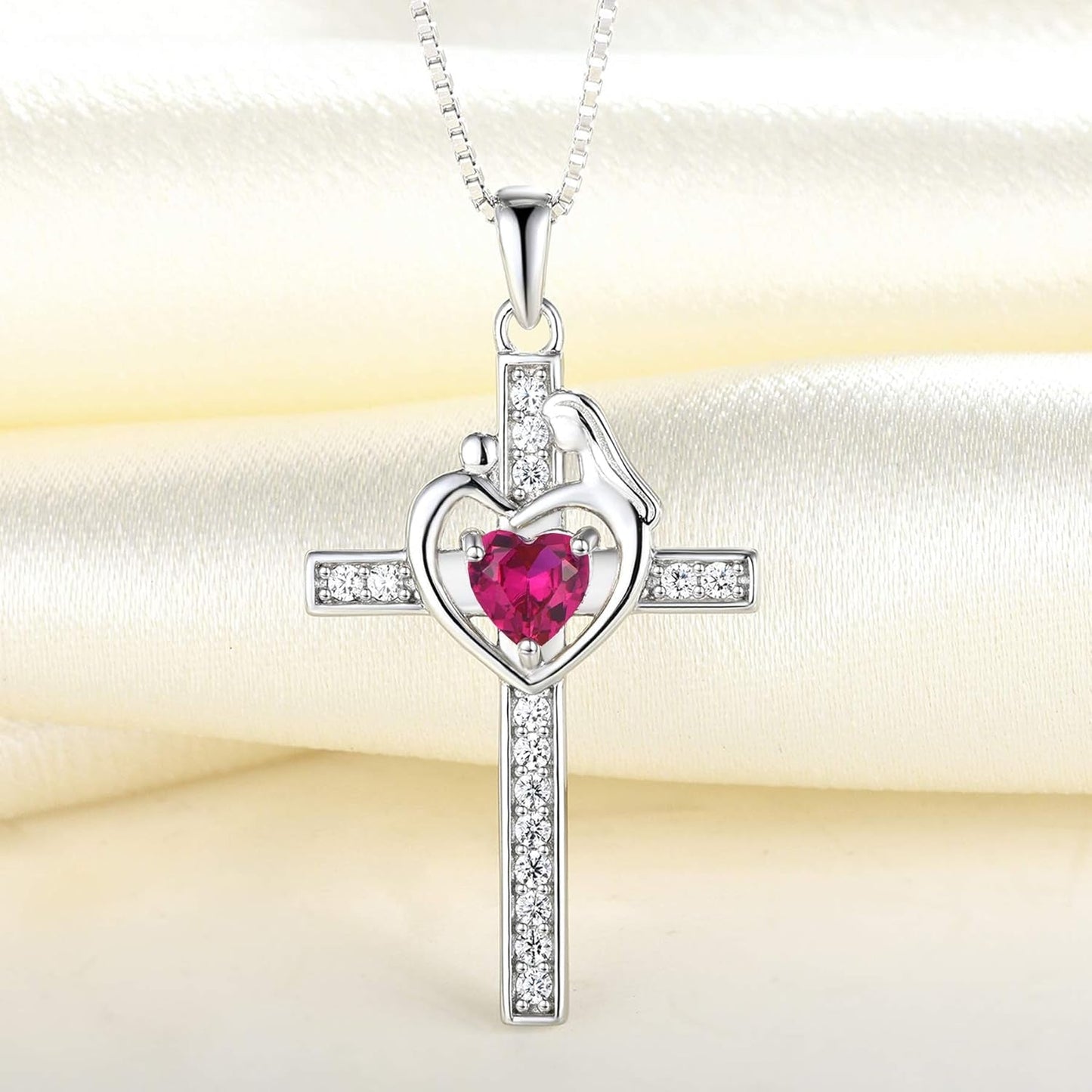 Mom Cross Necklace 925 Sterling Silver Mother Pendant Birthstone Mum Jewelry for Women