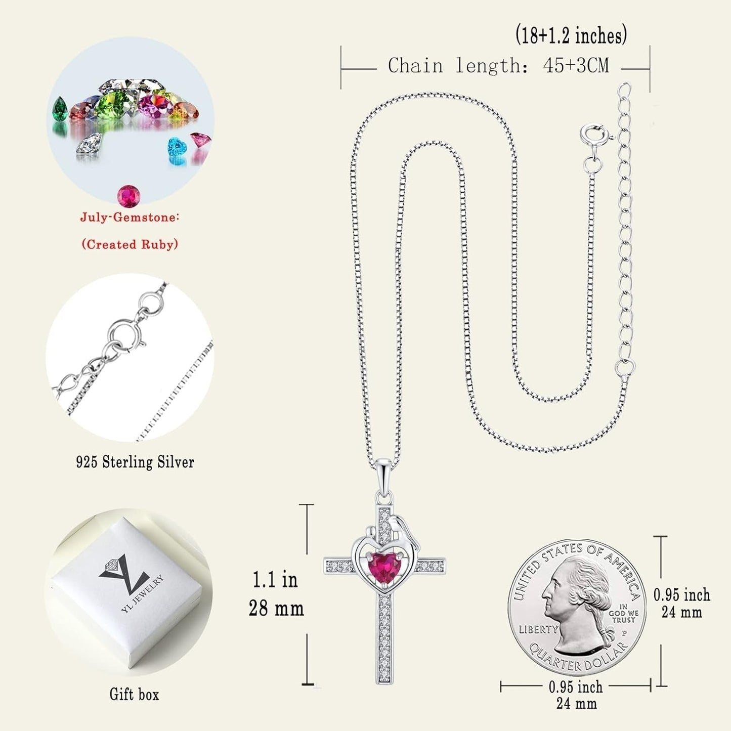 Mom Cross Necklace 925 Sterling Silver Mother Pendant Birthstone Mum Jewelry for Women
