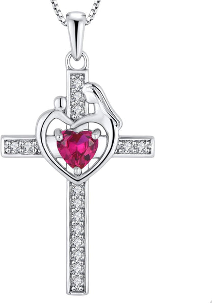 Mom Cross Necklace 925 Sterling Silver Mother Pendant Birthstone Mum Jewelry for Women - WORLD TIME VISITS