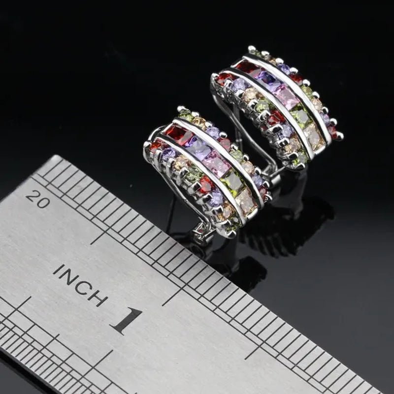 Multi Color Gemstones 925 Silver Jewelry Set For Women Pendant Necklace Earrings RIng