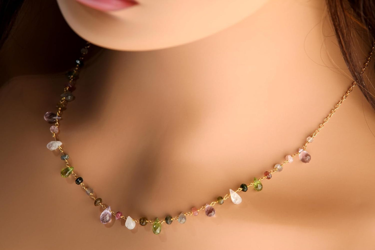 Multi Gemstones Necklace Wire Wrapped Faceted Peridot, Moonstone, Amethyst, Labradorite, Pink Tourmaline, Prehnite Briolette Drop 4X6-5X9Mm,Rondelle in 14K Gold Filled Chain & Clasp Necklace (18")