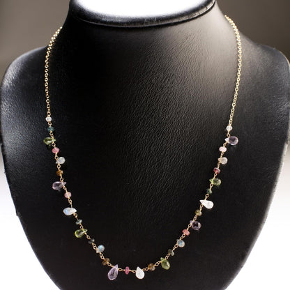 Multi Gemstones Necklace Wire Wrapped Faceted Peridot, Moonstone, Amethyst, Labradorite, Pink Tourmaline, Prehnite Briolette Drop 4X6-5X9Mm,Rondelle in 14K Gold Filled Chain & Clasp Necklace (18")