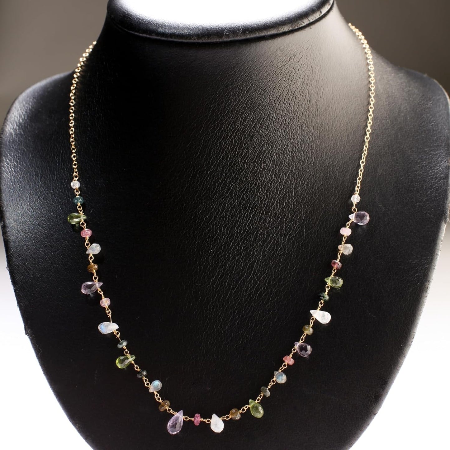 Multi Gemstones Necklace Wire Wrapped Faceted Peridot, Moonstone, Amethyst, Labradorite, Pink Tourmaline, Prehnite Briolette Drop 4X6-5X9Mm,Rondelle in 14K Gold Filled Chain & Clasp Necklace (18")