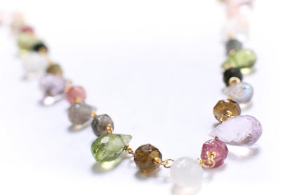 Multi Gemstones Necklace Wire Wrapped Faceted Peridot, Moonstone, Amethyst, Labradorite, Pink Tourmaline, Prehnite Briolette Drop 4X6-5X9Mm,Rondelle in 14K Gold Filled Chain & Clasp Necklace (18")
