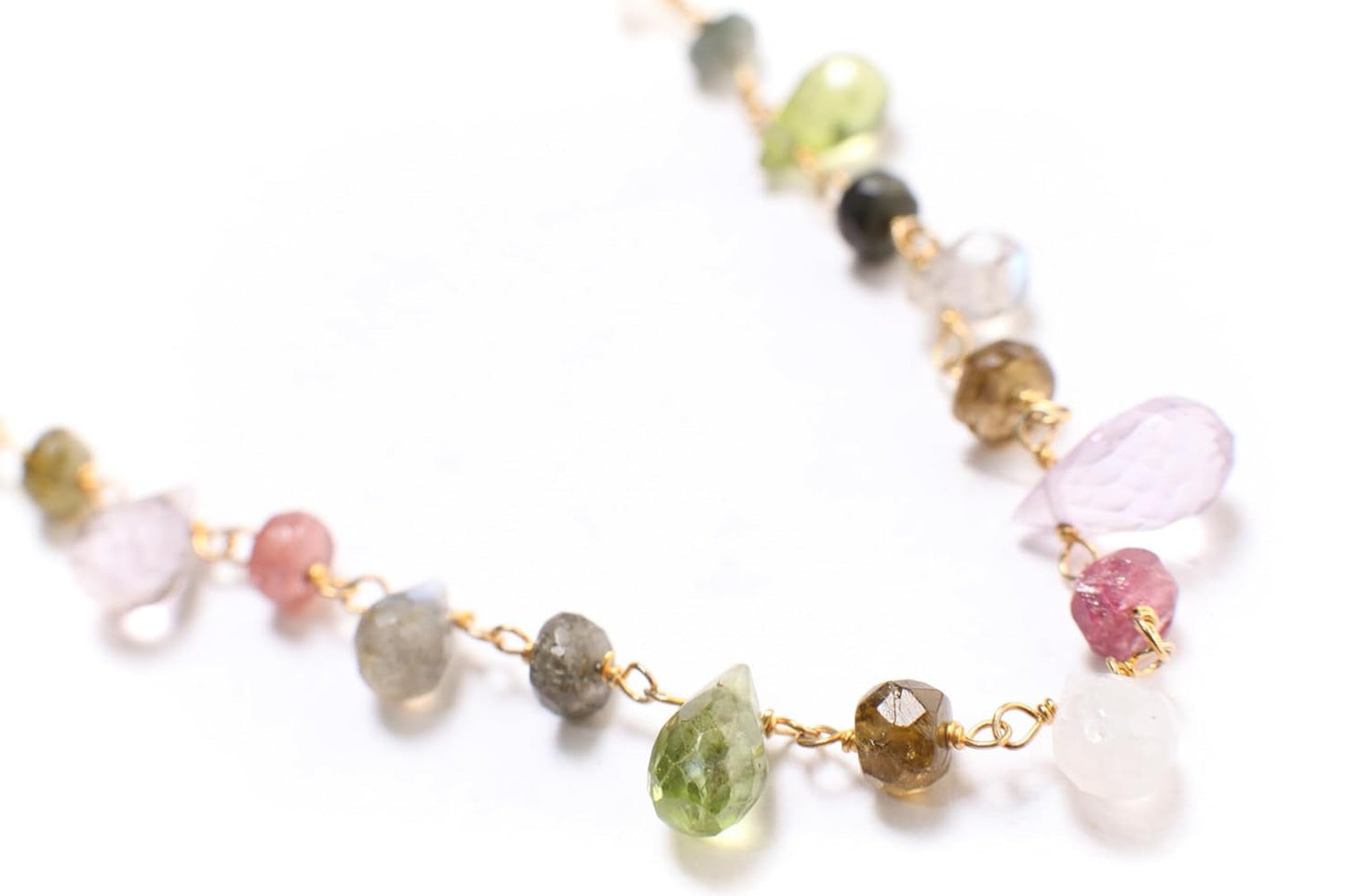 Multi Gemstones Necklace Wire Wrapped Faceted Peridot, Moonstone, Amethyst, Labradorite, Pink Tourmaline, Prehnite Briolette Drop 4X6-5X9Mm,Rondelle in 14K Gold Filled Chain & Clasp Necklace (18")