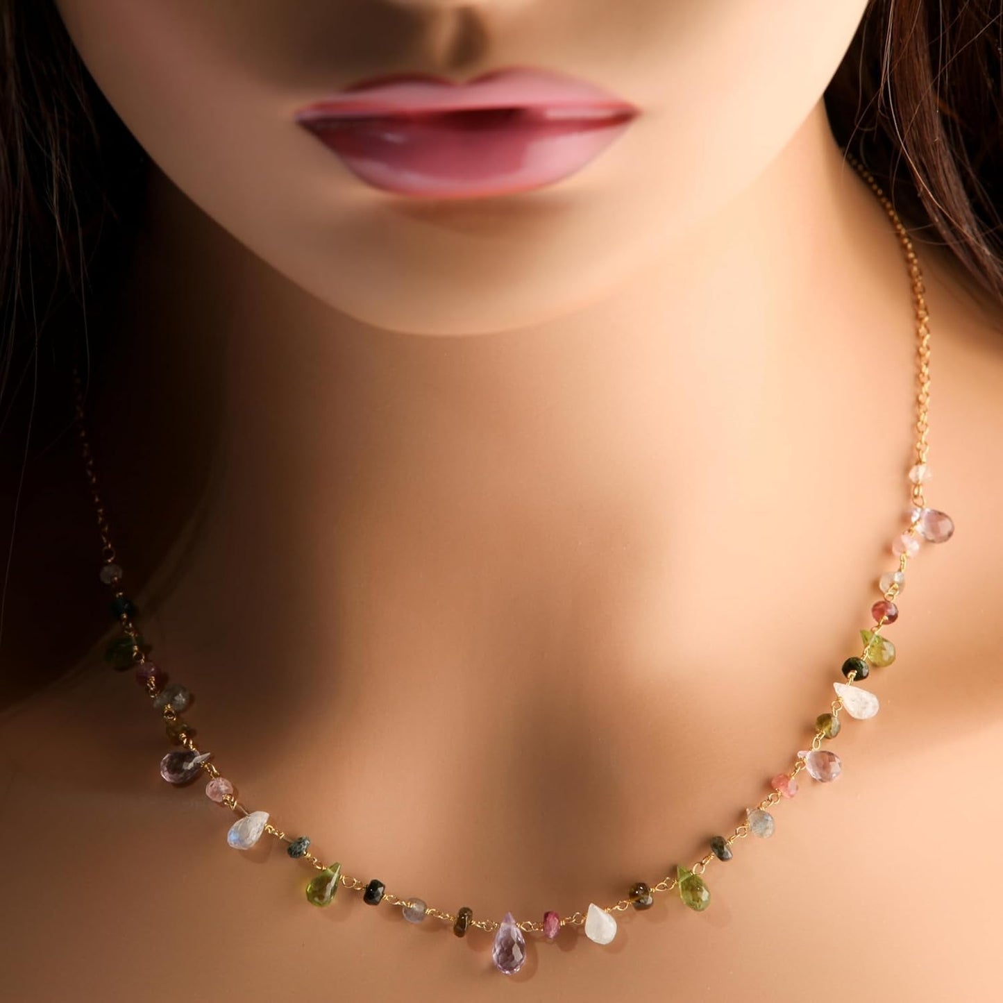 Multi Gemstones Necklace Wire Wrapped Faceted Peridot, Moonstone, Amethyst, Labradorite, Pink Tourmaline, Prehnite Briolette Drop 4X6-5X9Mm,Rondelle in 14K Gold Filled Chain & Clasp Necklace (18")